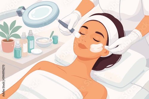 Professional Facial Skincare Treatment Vector Illustration of a Woman Receiving a Face Mask Application by an Esthetician in a Spa Clinic with Magnifying Lamp and Beauty Products.