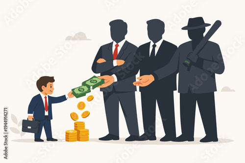 Small Businessman Paying Money to Large Shadowy Creditors and Debt Collectors with Baseball Bat, Concept of Financial Pressure, Extortion, Protection Money, and Intimidation in Business World
