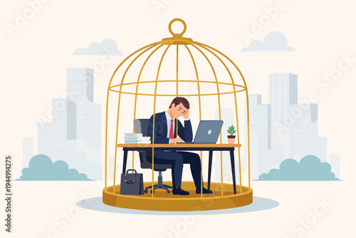 Sad businessman sitting at a desk with a laptop inside a golden birdcage, vector illustration of corporate burnout, lack of freedom, workplace stress, and feeling trapped in a city office job.