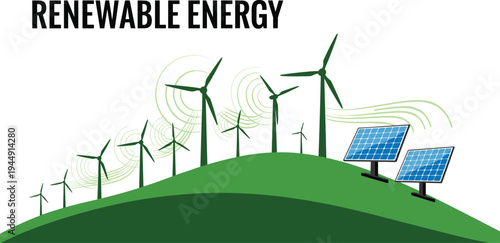 Renewable energy concept illustration featuring wind turbines and solar panels on a green hill with clean power text