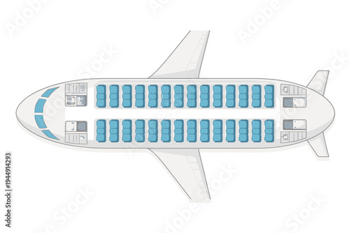 Top View Vector Illustration of an Airplane Seat Chart and Cabin Interior Layout Plan with Blue Passenger Seats, Cockpit, Wings, and Aisle for Travel Booking, Flight Planning, and Aviation