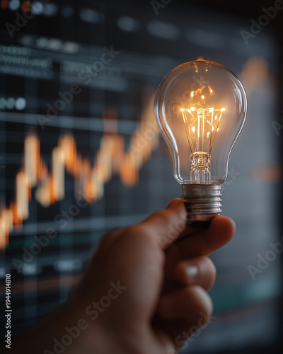 Idea Generation: A hand gently cradles a glowing light bulb against a backdrop of financial charts, illuminating the concept of innovation and the power of ideas.