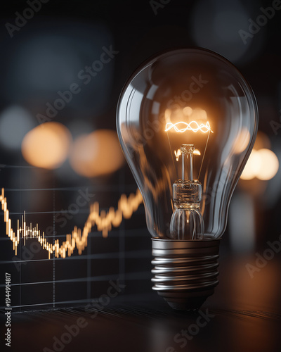 Illuminating Ideas: A close-up view of a lit light bulb, with glowing filaments, stands as a symbol of inspiration and innovation, set against the backdrop of a financial graph.