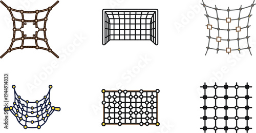 Industrial net and mesh icon set featuring sports goal safety cargo and rope netting in flat vector style for construction and sport