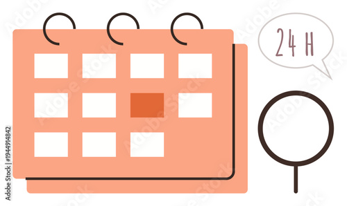 Time management, scheduling, productivity, deadlines, event planning, organization. A calendar with a highlighted date and a 24-hour timer icon. Time management and scheduling concept
