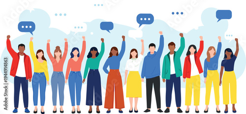 Flat vector illustration of a diverse group of people standing together with raised fists and speech bubbles