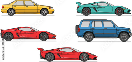 Modern car vector set featuring flat design sedan SUV and supercars in various colors for automotive and transportation branding
