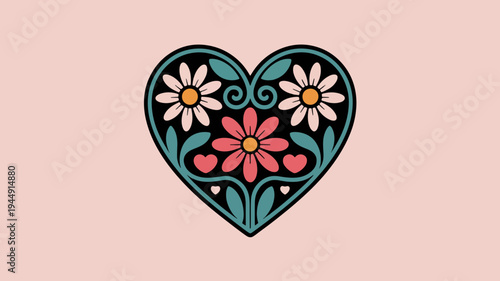 Colorful heart shaped floral design with flowers on pink background love symbol valentine's day concept decorative element