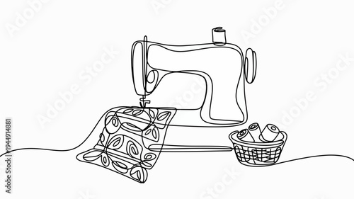 Sewing machine with floral fabric and basket of threads on table for crafting and diy projects at home