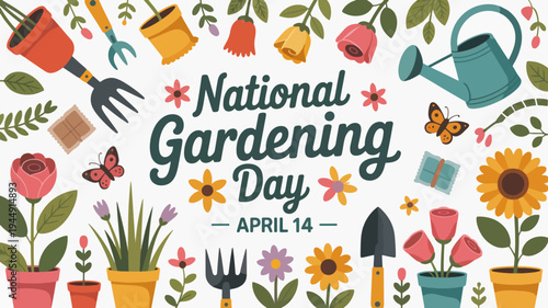 National gardening day illustration with gardening tools flowers and butterflies on white background