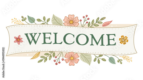 A colorful floral welcome banner with green text on a white background