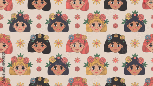 Colorful cartoon faces of people with flowers in hair on beige background with floral pattern