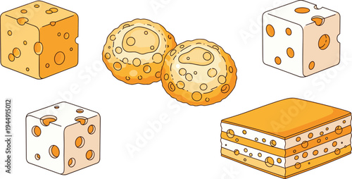 Cheese icon set featuring Swiss cheese cubes round wheels and layered slices in flat vector style for dairy and food design