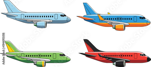 Flat vector icon set of commercial passenger airplanes in four different color schemes isolated on white background