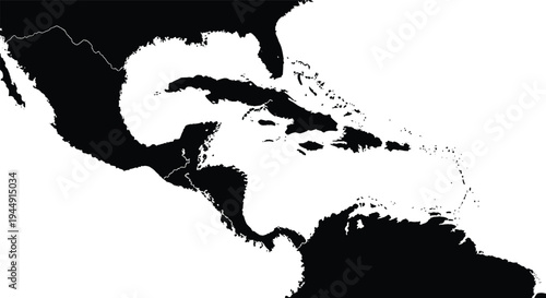 Black silhouette vector map of Central America and the Caribbean islands showing regional coastal borders and geographic outlines
