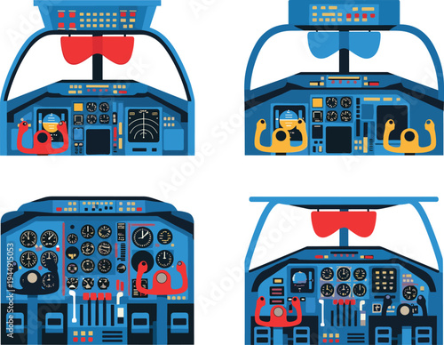 Airplane cockpit instrument panel set featuring flight controls dials and gauges in flat vector style for aviation simulation
