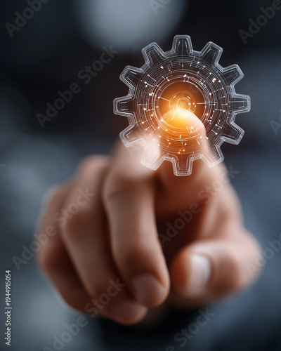 Wallpaper Mural Digital Cogwheel: A close-up shot of a hand interacting with a digital cogwheel, suggesting technology, innovation and connectivity. Torontodigital.ca