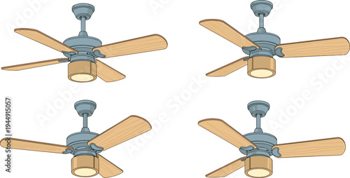 Ceiling fan with light kit vector illustration set featuring different perspective views and wood blade finishes for interior design