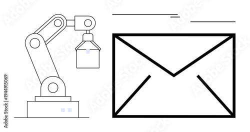 Robotic arm reaching for an envelope signifying automation in logistics, communication, and email delivery. Ideal for technology, logistics, innovation, robotics, e-commerce, mailing and automation