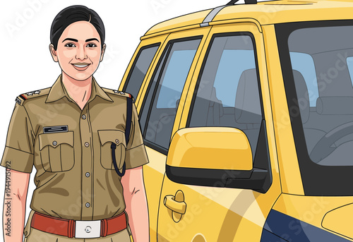 Smiling female police officer in tan uniform standing confidently next to a yellow law enforcement patrol vehicle
