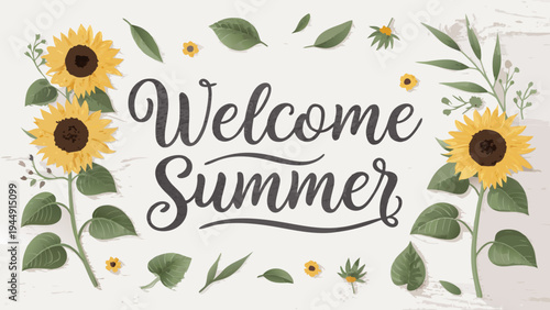 A colorful illustration of sunflowers and leaves with a welcome summer message