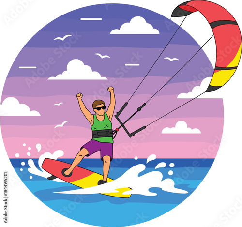 Extreme kitesurfing man riding on ocean waves with colorful kite at sunset flat vector illustration for adventure sports