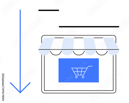 E-commerce, digital retailing, online shopping, mobile purchases, storefront design, small business. Minimalistic image with a storefront and shopping cart graphic. E-commerce and digital retailing