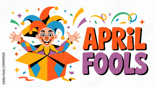 Colorful jester emerges from box on april fools' day with confetti