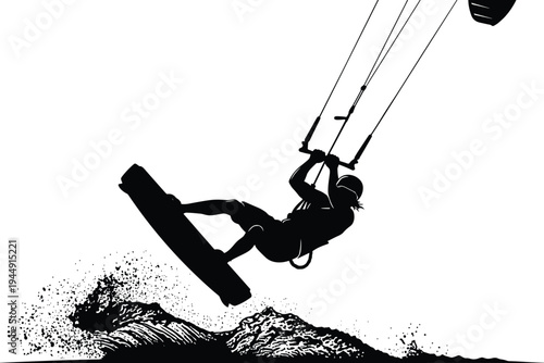 Black silhouette vector illustration of a kitesurfer performing a jump over ocean waves with kite and control lines