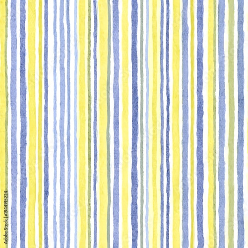 Seamless pattern of modern minimalist vertical stripes in butter yellow, soft blue and white watercolor texture for fashion textiles and wallpaper