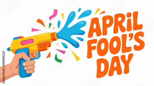 Hand holding colorful water gun spraying blue liquid celebrating april fool's day with confetti