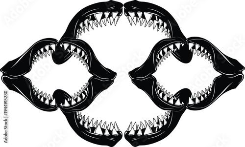 Black silhouette vector illustration of shark jaws with sharp teeth arranged in a symmetrical tribal-style design
