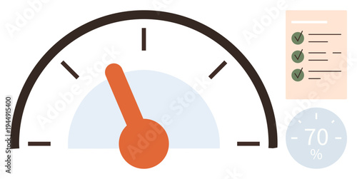 Goal tracking, productivity analysis, performance monitoring, business efficiency, task management, workflow optimization. A gauge, checklist and percentage visual. Productivity and goal tracking