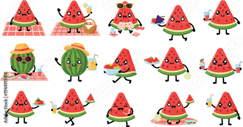 Cute Watermelon Picnic Character Collection with Summer Fruit Mascots Drinking Juice Eating Snacks and Funny Cartoon Watermelon Slices for Stickers Kids Designs
