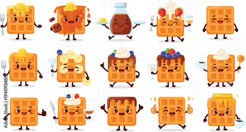 Cute Waffle Breakfast Character Collection with Syrup Butter Honey Fruits and Happy Cartoon Food Mascots for Cafe Menu Stickers Kids Designs and Bakery Branding