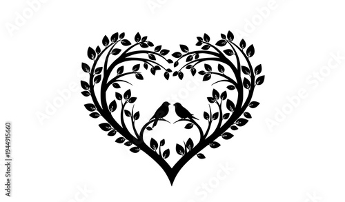 Romantic heart tree with two birds silhouette vector love symbol isolated on transparent background