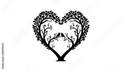 Black silhouette heart shaped tree with birds romantic love nature vector isolated on transparent background