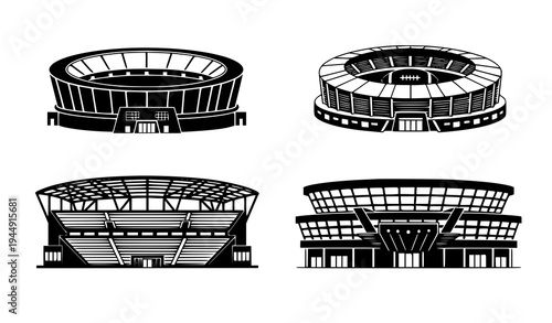 Black and white stadium structures vector set with four sports arena architecture designs isolated on transparent background