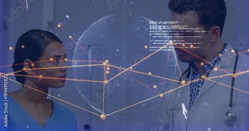 Overlay shifting nurse reporting clipboard data while doctor nodding nodes aligning to guide review