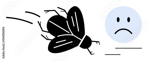 Insect discomfort. Flying insect positioned near a sad face s discomfort and irritation caused by bugs. Insect discomfort linked to hygiene, health, seasons, and personal annoyance. Perfect for pest