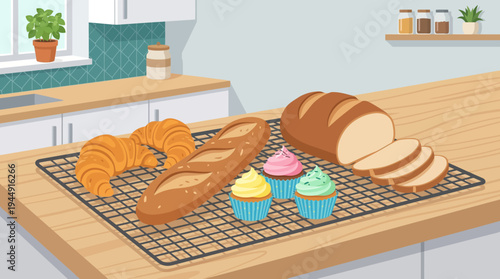 Assorted baked goods on a cooling rack on a kitchen countertop with cupcakes
