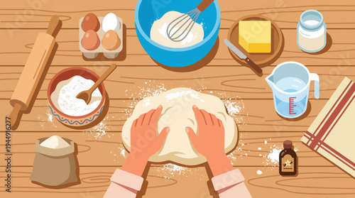 Person kneading dough on wooden table with rolling pin and ingredients nearby indoors
