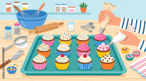 Person decorating cupcakes on a kitchen table with various tools and toppings nearby indoors