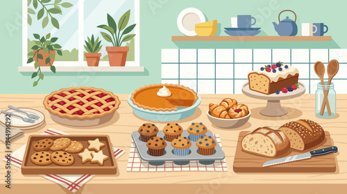 Variety of baked goods on a kitchen table with desserts and bread on display