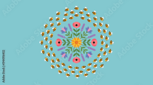 Vibrant floral mandala design with intricate patterns on turquoise background