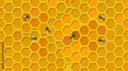 Bees fly around honeycomb cells in a sunny apiary environment with insects.