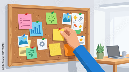 A hand placing a note on a corkboard with various papers in an office.