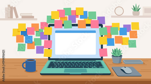 A cluttered desk with a laptop surrounded by colorful sticky notes and office supplies indoors.