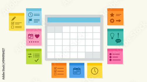 A colorful illustration of a calendar surrounded by various sticky notes and icons on a wall.