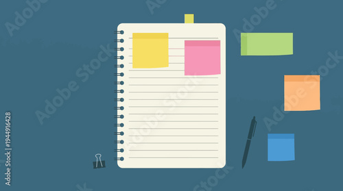 A spiral notebook with colorful sticky notes and stationery on a desk indoors